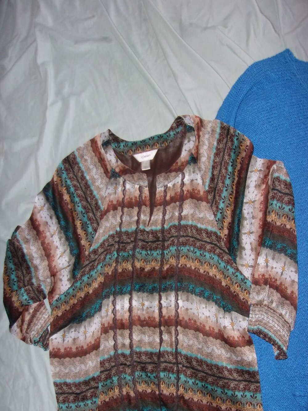 size 1x 1 x shirt blouse boho print brown white blue blouse casual dress